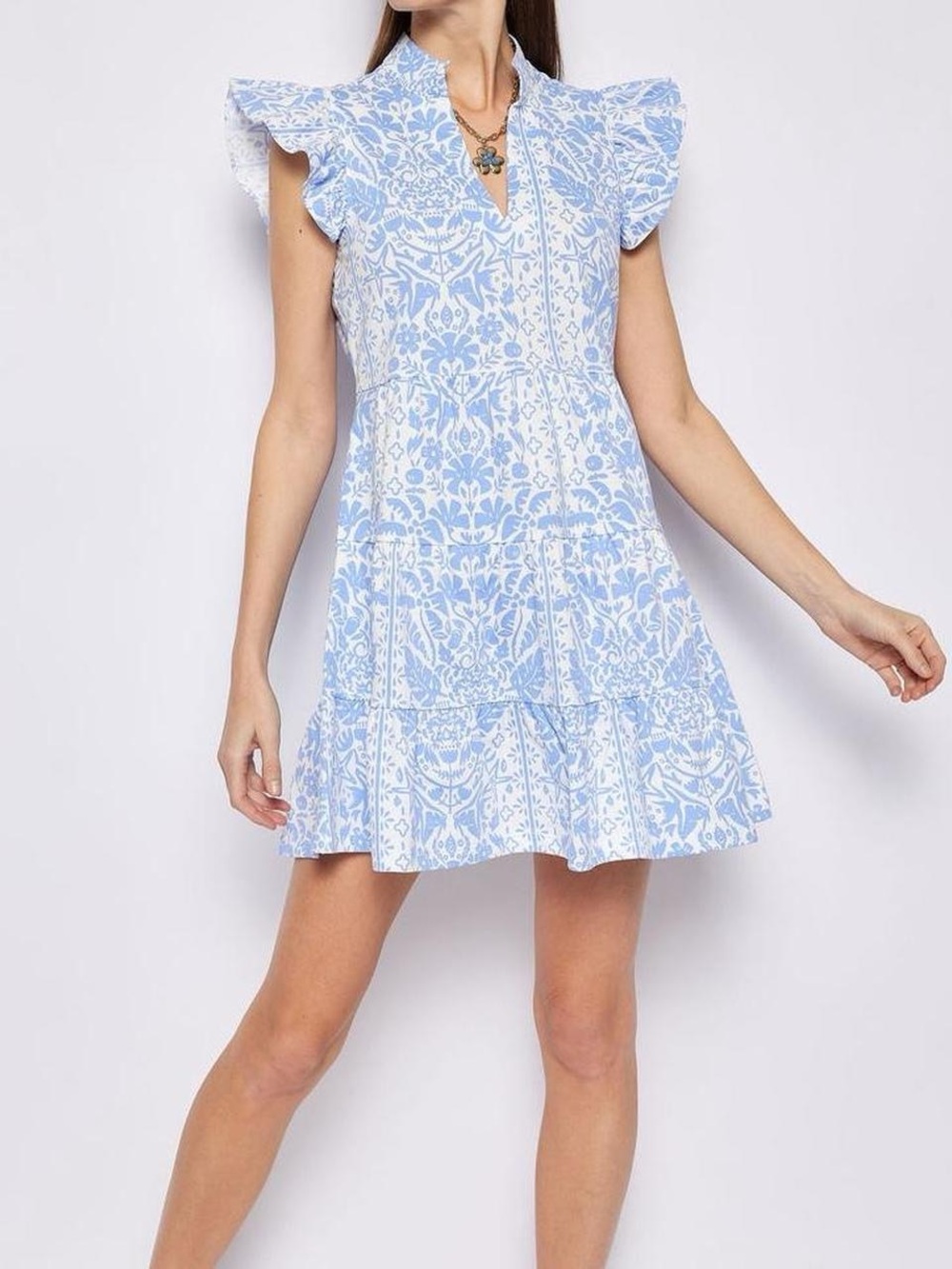 Sail to Sable Blue and White Print Cotton Flutter Sleeve mini dress